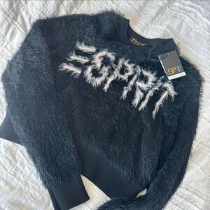 Esprit x Opening Ceremony Sweater Black Fuzzy Logo Cropped Neutral Pullover Knit